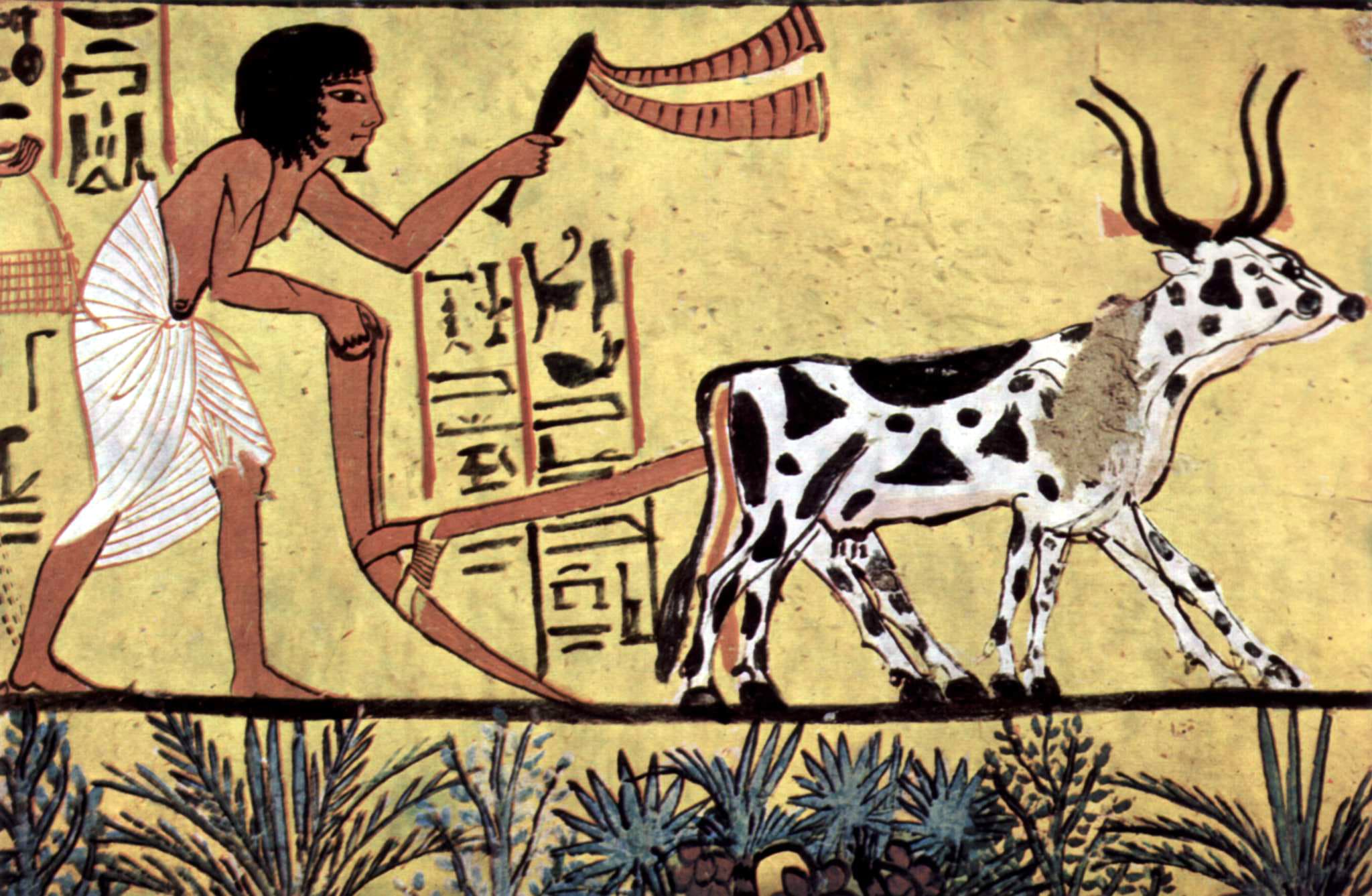 セネジェム墓の壁画 (BC 1200 頃) — 耕作と農業のシーン。古代エジプト人の食生活と発酵文明の前提となった農耕風景